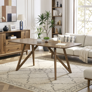 Sunvega Walnut Oak Geometric Cross Base Rectangular Dining Table for 6
