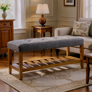 Sunvega Tufted Padded Seat Bench with Open Shelf for Contemporary Spaces