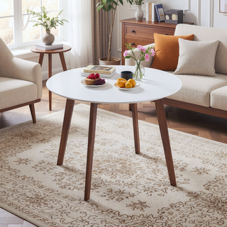 Sunvega Minimalist Mid Century Modern White Top Dining Table with Solid Wood Legs