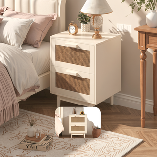 Sunvega Rattan Style Nightstand with 2 Faux Rattan Drawers for Bedroom and Living Room
