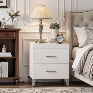Sunvega Modern Contemporary White Finish Nightstand with Two Drawers and Metal Legs