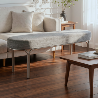 Sunvega Beige Tufted Upholstered Bench with Plush Cushioned Seat and Champagne Metal Legs