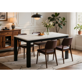 Sunvega Contemporary White Faux Marble Rectangular Dining Table with Black Finish