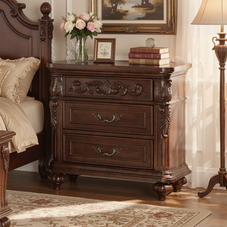 Sunvega Antique Walnut Nightstand with 2 Drawers and Unique Carving Design