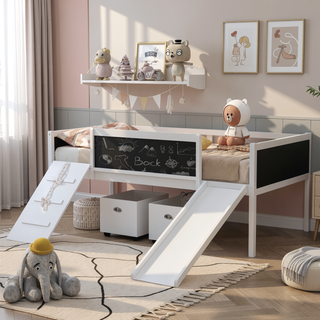 Sunvega Twin Size Pine Wood Loft Bed with Climbing Frame and Slide