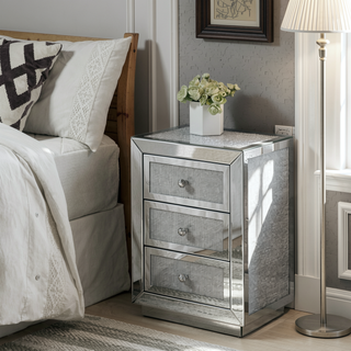 Sunvega Glam Style Nightstand with Three Mirrored Drawers and Faux Diamonds