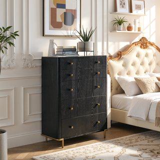 Sunvega Black Wood Grain 5-Drawer Chest with Gold Legs for Bedroom