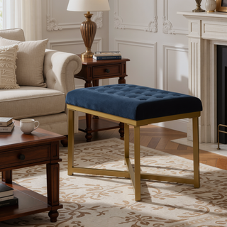 Sunvega Dark Blue Velvet Upholstered Button Tufted Bench with Gold Metal Frame