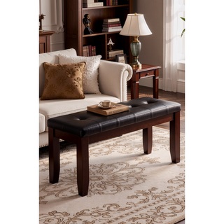 Sunvega Modern Bench with Tufted Leather-Look Seat and Tapered Wood Legs