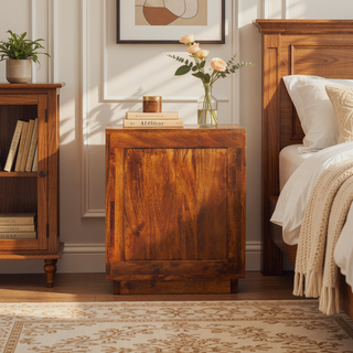 Sunvega Solid Wood Curved Ribbed Bedside Table with Drawer in Amber Oak Finish