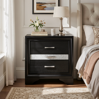 Sunvega Black Finish Wooden Nightstand with 3 Drawers and Curved Legs