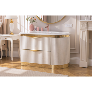 Sunvega White and Gold Lacquered 2-Drawer Nightstand with Soft-Closing Drawers