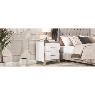 Sunvega High Gloss White Nightstand with 2 Drawers and Metal Handle for Bedroom