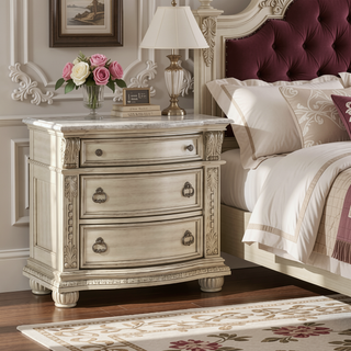 Sunvega Glamorous Vintage Nightstand with Marble Top and Three Drawers