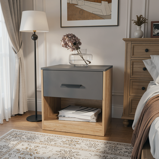 Sunvega Natural Oak and Matt Grey Nightstand with Drawer and Open Storage Shelf