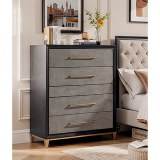 Sunvega Contemporary Dark Wood Nightstand with Brushed Gold Hardware and Tapered Legs