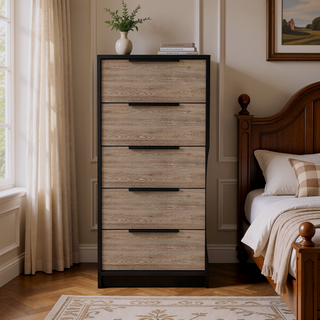 Sunvega 42 Inch High Modern Five Drawer Dresser in Black and Light Oak