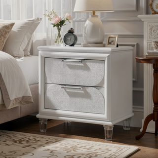 Sunvega Contemporary Glam Pearl White Nightstand with Embossed Panels and Acrylic Handles