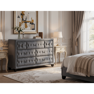 Sunvega Cream Velvet Upholstered Crystal Tufted 7-Drawer Dresser with Wood Frame