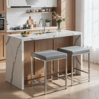 Sunvega Modern Grey Leatherette Upholstered Square Vanity Stool with Foam Cushion