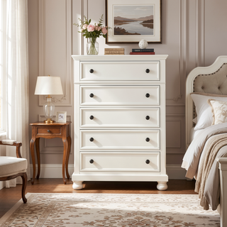 Sunvega White Finish 5 Dovetail Drawers Chest with Antique Bronze Knobs