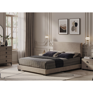 Sunvega Fully Upholstered Fabric Queen Bed with Nailhead Trim Accent and Wood Leg