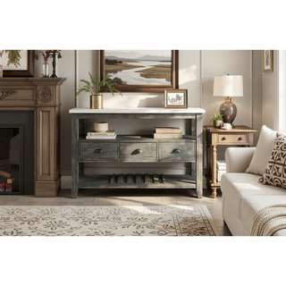 Sunvega Merel White Marble Top and Gray Oak Finish Rectangular Server with 3 Drawers