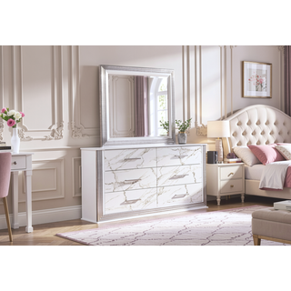 Sunvega Marble Patterned Dresser with Six Spacious Drawers and Sleek White Finish