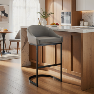 Sunvega Black Metal Bar Stool with Gray Faux Leather Upholstery and Cantilever Base