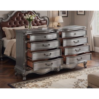 Sunvega Antique Platinum Finish Nightstand with Intricate Details for Bedroom