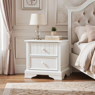Sunvega White Solid Hardwood Nightstand with Two Spacious Drawers and Round Knobs