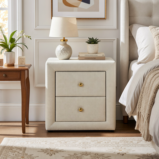 Sunvega Upholstered Beige Linen Look Nightstand with Two Storage Drawers