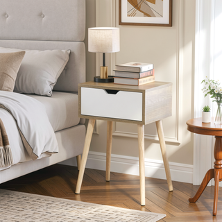 Sunvega Mid-Century Modern Bedside Table with 2 Drawers and Rubber Wood Legs