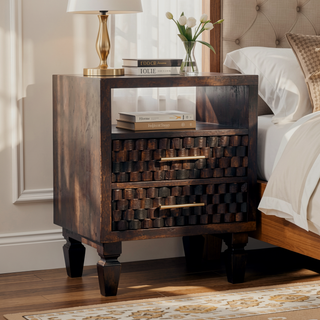 Sunvega Solid Mango Wood Arno Bedside Table with Carved Block Pattern and Drawers