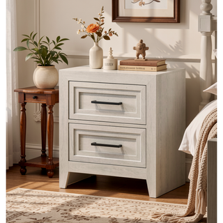 Sunvega Contemporary Geometric Design Two Drawer Nightstand with Off-White Finish