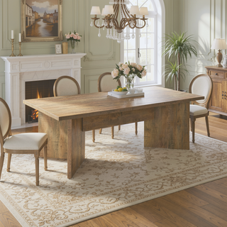 Sunvega Mango Brown Rectangular Dining Table with Sculpted Geometric Base and V-Shaped Legs