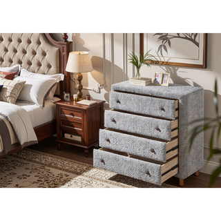 Sunvega Upholstered Boucle Fabric Bed with 4 Drawers and Wooden Frame