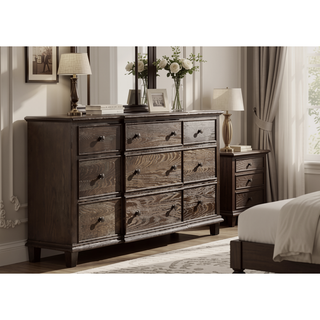 Sunvega Weathered Oak Finish Dresser with Nine Spacious Drawers and Felt-Lined Top