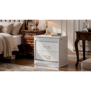 Sunvega Glam Modern White Wood Nightstand with LED Lights and Velvet Lined Drawer