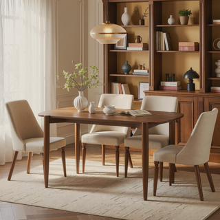 Sunvega Walnut Solid Wood Dining Table with Mid-Century Modern Style and Rounded Edges