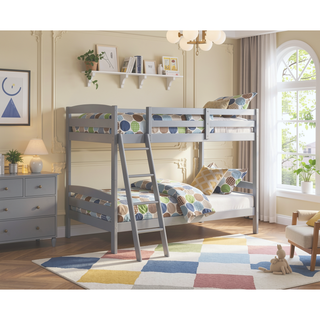 Sunvega Gray Transitional Solid Wood Bunk Bed with Angled Ladder and Slat Design