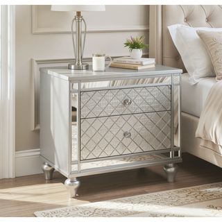 Sunvega Modern Luxury Nightstand with Silver Finish and Diamond Patterned Drawer Fronts