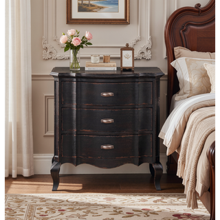 Sunvega Antique Black Finish Nightstand with Three Durable Drawers and Cabriole Legs