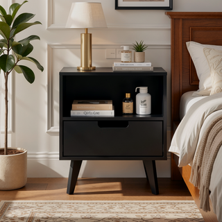 Sunvega Modern 1-Drawer Nightstand with Open Cubby and Sleek Cutout Handles