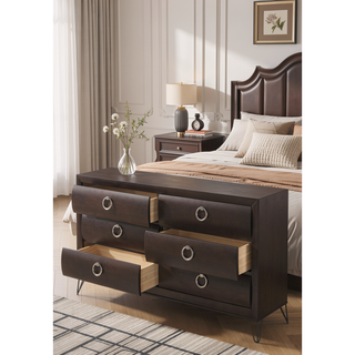 Sunvega Dark Merlot Finish Dresser with Six Spacious Drawers and Black Metal Legs