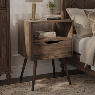 Sunvega Superior Top Dark Walnut Nightstand with Open Shelf and Drawer
