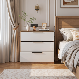 Sunvega Modern 3 Drawer Dresser with Spacious Top Surface in White and Light Oak