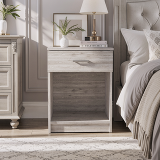 Sunvega Light Grey Nightstand with Single Drawer and Shelf for Bedroom Storage
