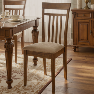 Sunvega Transitional Chestnut Dining Set with Four Tan Microfiber Chairs