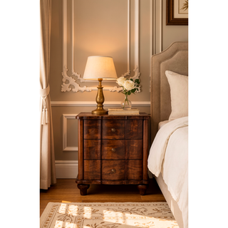 Sunvega Handcrafted Solid Mango Wood Valencia Bedside with 3 Drawers in Warm Roasted Almond Tone